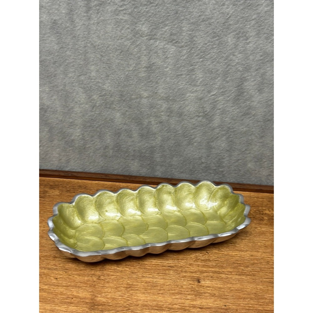 Handcrafted Scalloped Trinket Tray Kiwi Green Enamel Pearlized 6.5" Julia Knight